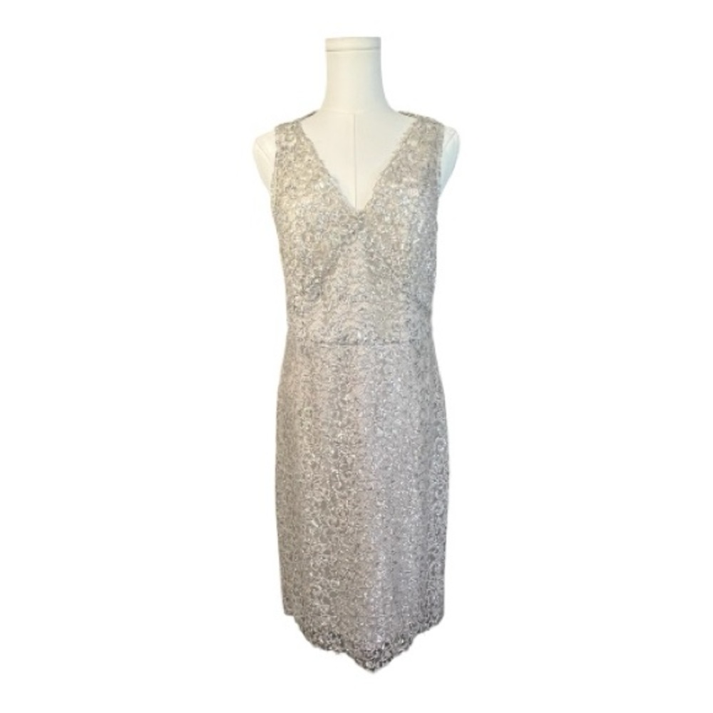EUC BCBGMaxAzria Lynnette metallic silver lace cocktail dress – size 10